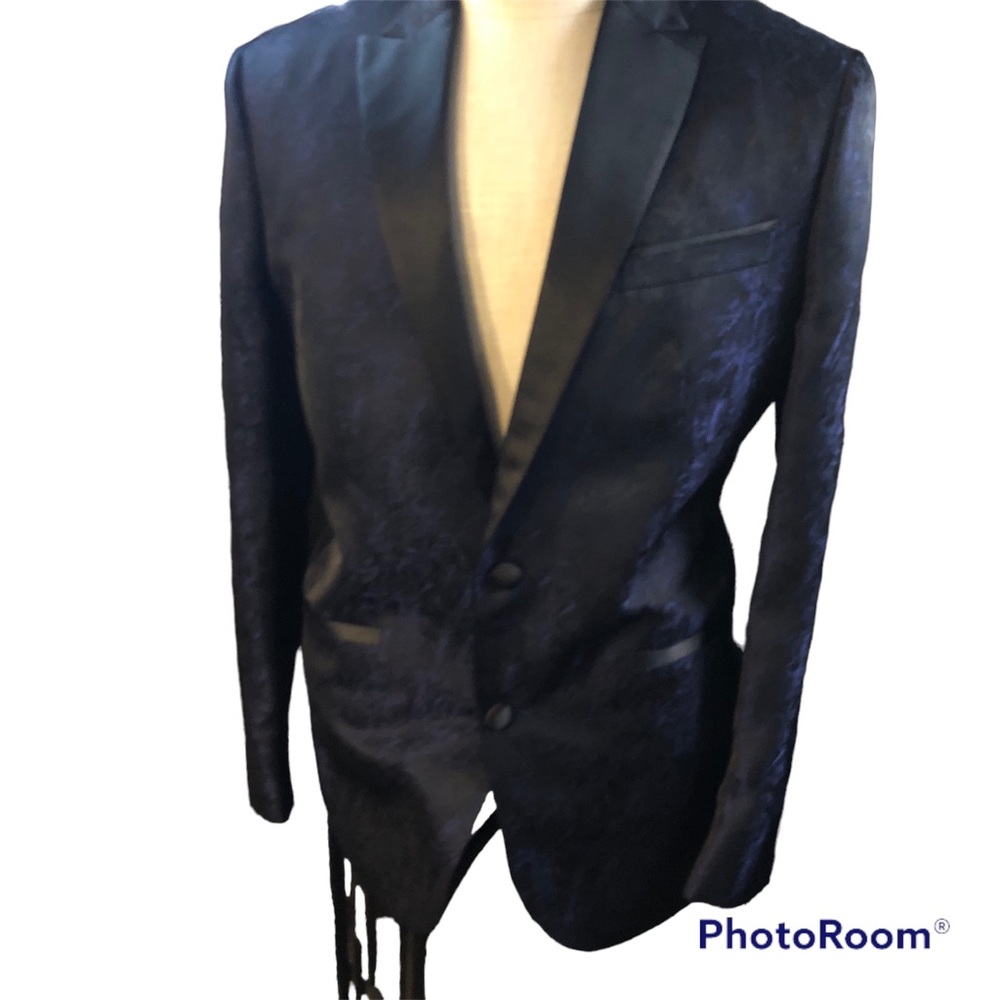 Gorgeous Kenneth Cole Navy Black Brocade Satin Tux Jacket Slim Fit Stunn…